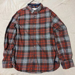 Denim & Flower mens small red grey navy plaid flannel longsleeve button up shirt